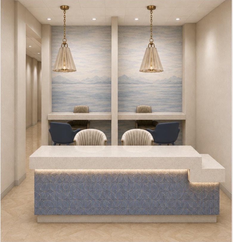 The reception desk at Hamptons Endoscopy Center, finished in dusty blue and warm stone with coastal artwork