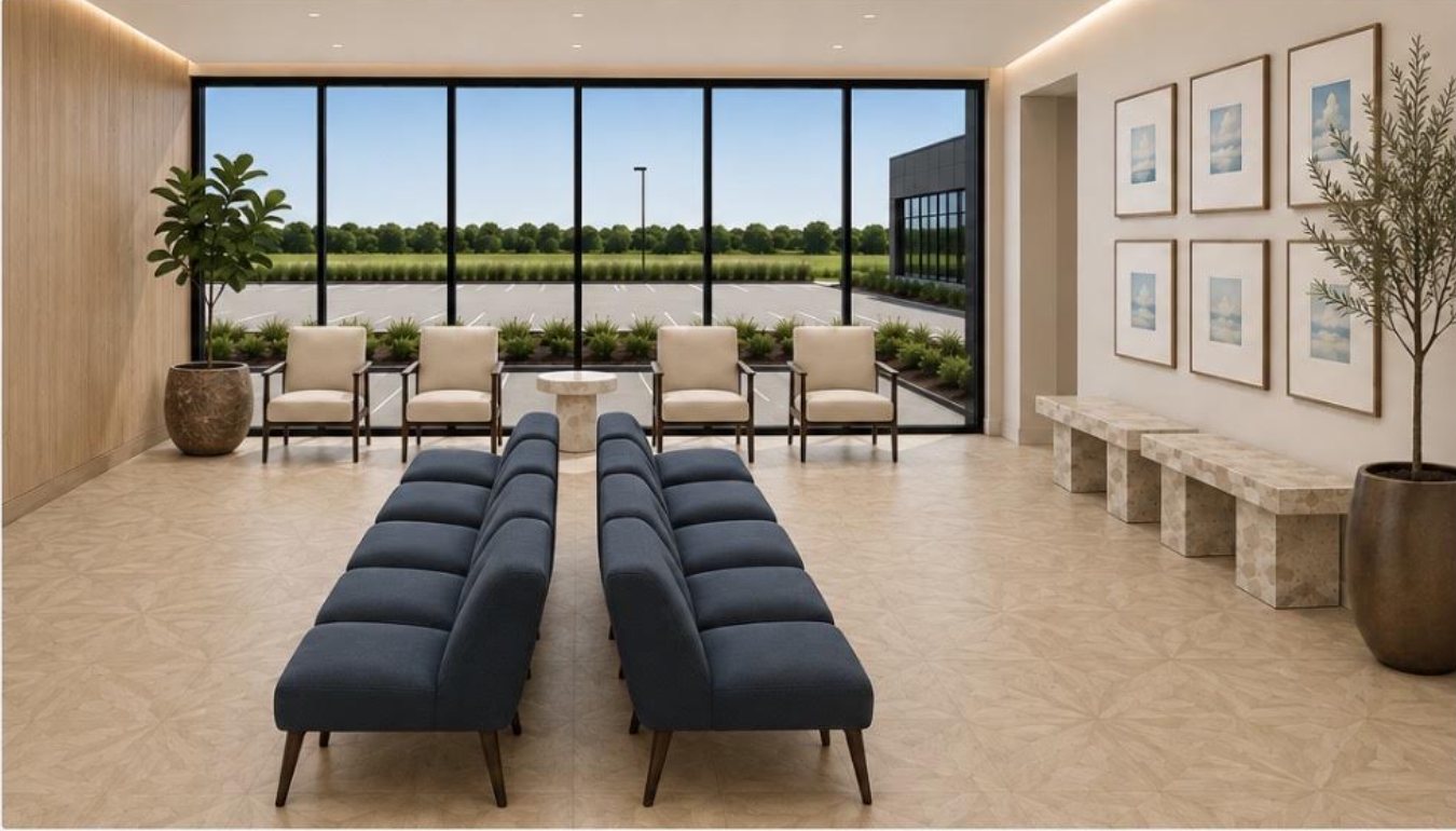 The bright, coastal-inspired waiting room at Hamptons Endoscopy Center, with floor-to-ceiling windows overlooking the East End